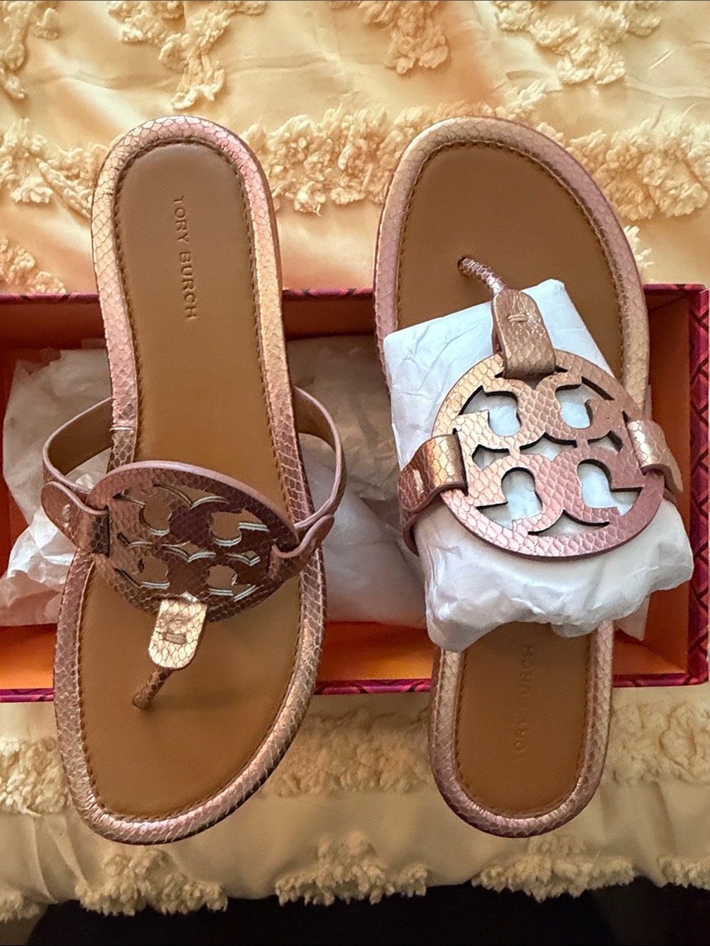 Tory Burch Rose Gold Miller Logo Toe-Post Sandals